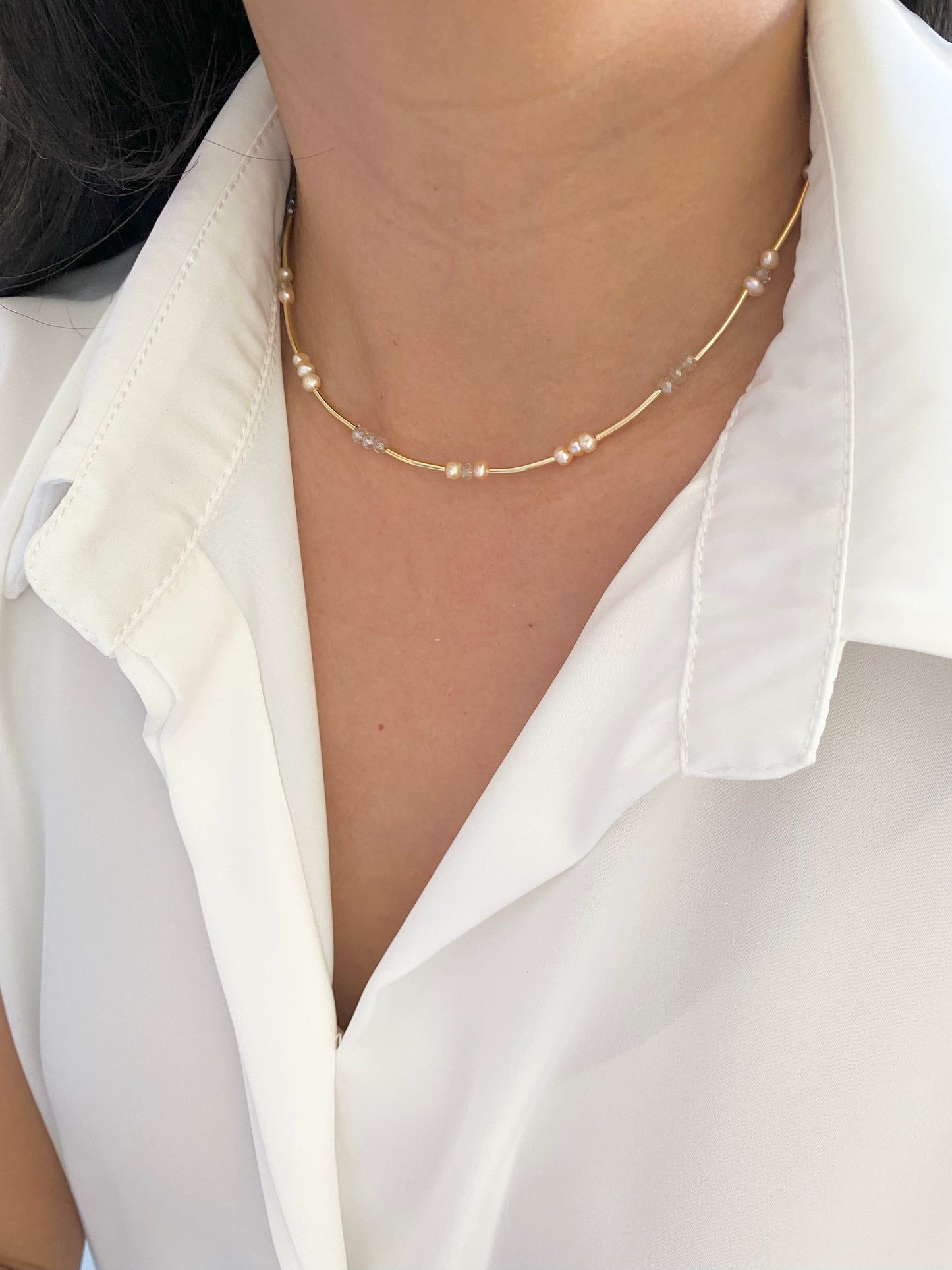 Peach Pearl + Sunstone + Smoky Glass Bead Bar Necklace