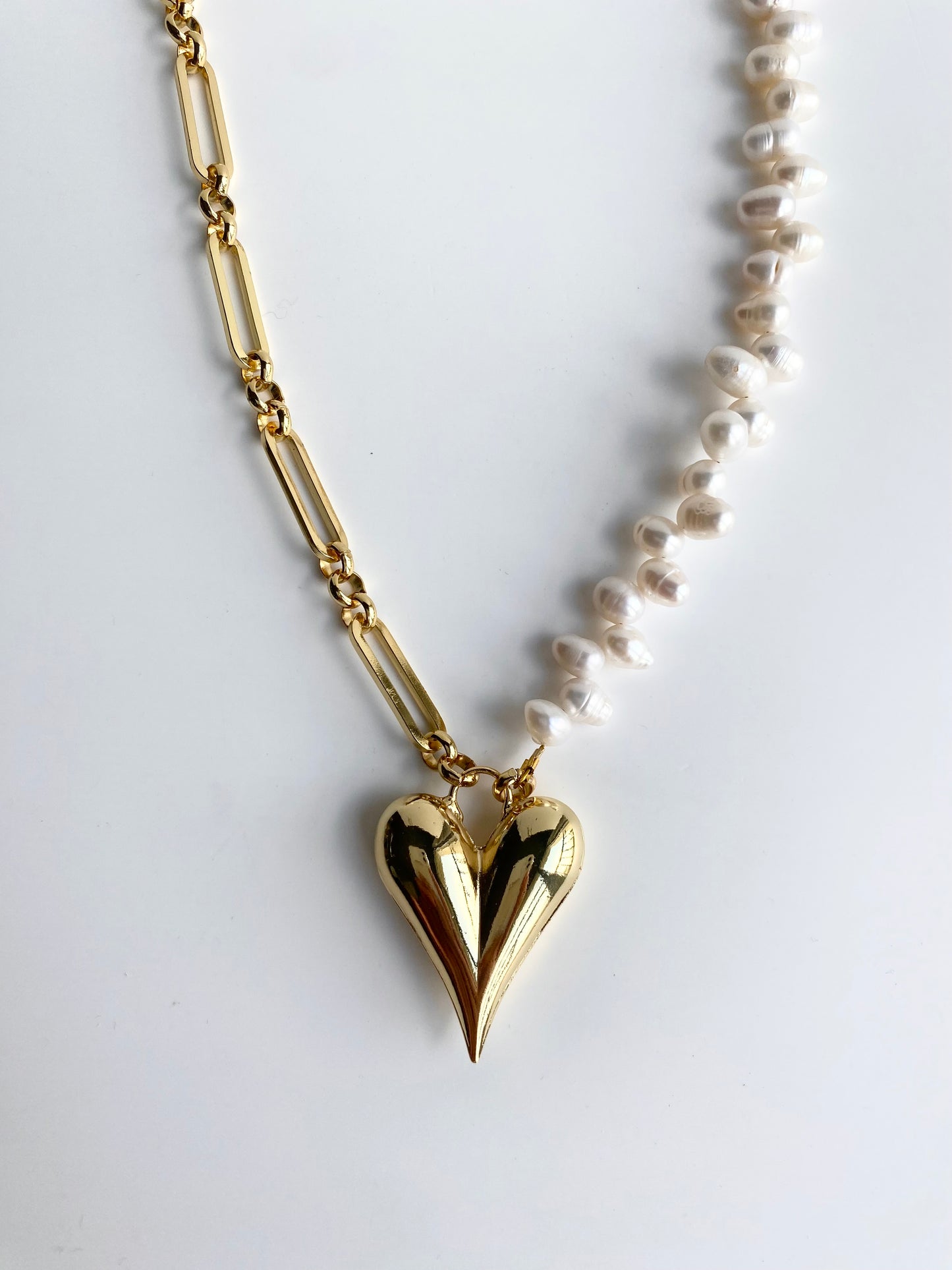 Puffed Heart with Pearl and Chunky Chain Necklace