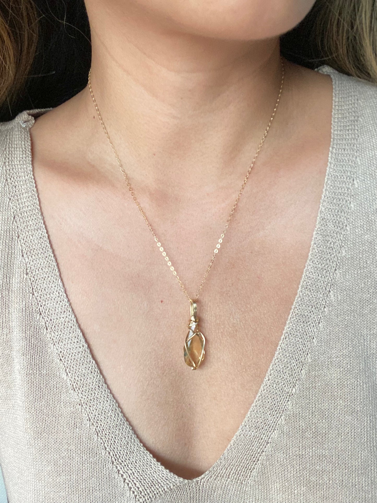 Fine Cut Citrine Wire-wrapped Dainty Necklace