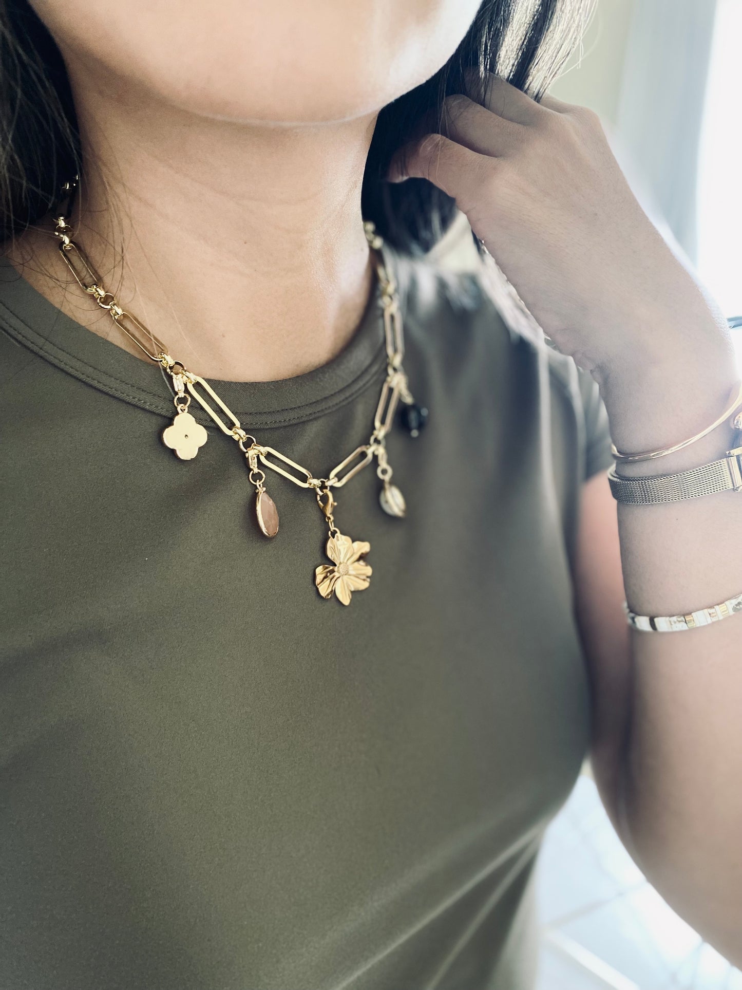 Flower + Pearls + Smoky Quartz + Sunstone Charm Necklace