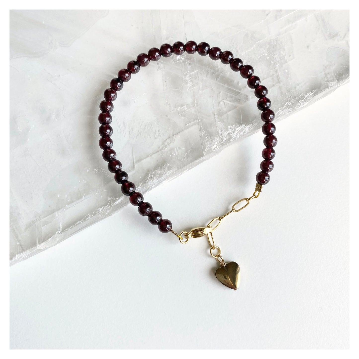Garnet Beads + Hematite Heart Charm Bracelet